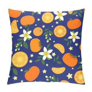Personality  Tangerine Illustration With Flowers And Leaves Saturated, Blue Background Colorful Seamless Pattern Pillow Covers