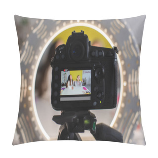 Personality  Selective Focus Of Circle Lamp And Digital Camera With Screen Showing Girls Recording Video Blog  Pillow Covers