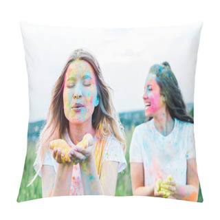 Personality  Selective Focus Of Woman With Closed Eyes Blowing Colorful  Powder Near Girl  Pillow Covers