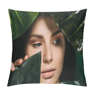 Personality  Young Woman With Freckles On Face Posing With Tropical Leaves Isolated On Green Pillow Covers