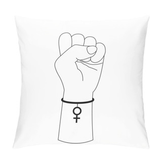 Personality  Symbol Of Feminism Raised Fist. Hand With A Bracelet In The Form Of A Mirror Of Venus. Happy Women's Day. March 8. Pillow Covers