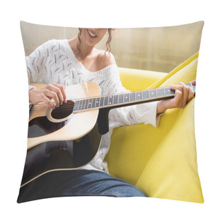 Personality  Cropped View Of Young Curly Woman Playing Acoustic Guitar On Sofa In Living Room  Pillow Covers