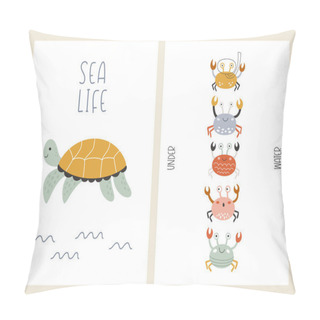 Personality  Cute Set Of Marine Posters With Underwater Animals. Vector Illustrations Of Turtles And Crabs On Postcards Pillow Covers