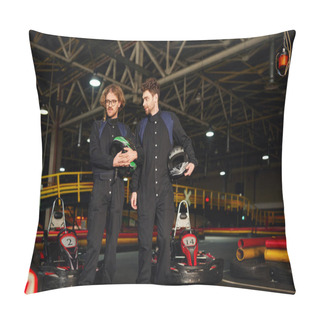 Personality  Two Kart Racers Standing Near Racing Cars And Holding Helmets, Male Drivers In Kart Circuit Pillow Covers