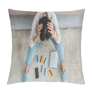 Personality  Top View Of  Sad Woman Sitting On Floor With Notebook, Smartphone And Credit Cards  Pillow Covers