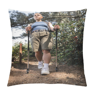 Personality  Wide Angle View Of Young Short Haired Female Hiker Holding Trekking Poles While Walking On Path In Blurred Green Summer Forest, Hiking For Health And Wellness Concept  Pillow Covers
