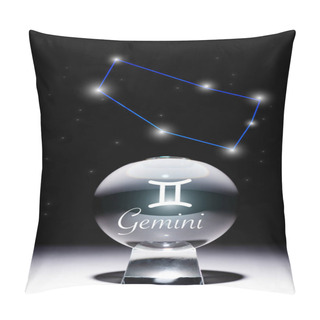 Personality  Crystal Ball With Gemini Zodiac Sign Isolated On Black With Constellation Pillow Covers