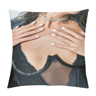 Personality  Cropped View Of Seductive Woman In Black Corset And Shiny Necklace Posing On Grey Backdrop Pillow Covers