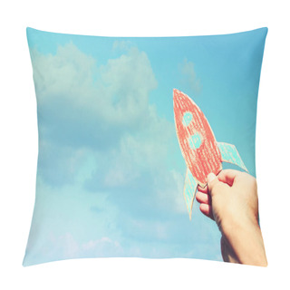 Personality  Image Of Male Hand Holding A Rocket Against The Sky. Imagination And Success Concept Pillow Covers