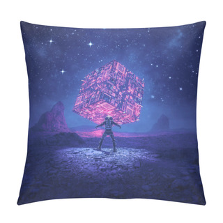 Personality  Cosmic Monolith Of Power / 3D Illustration Of Retro Science Fiction Scene Showing Astronaut Encountering Glowing Alien Computer Artefact On Desert Planet Pillow Covers