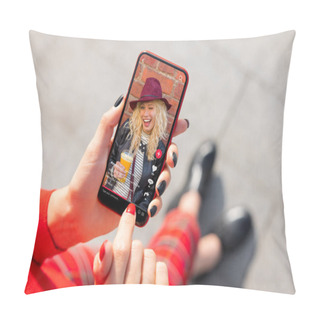 Personality  Woman Viewing Social Media Content On Mobile Phone Pillow Covers