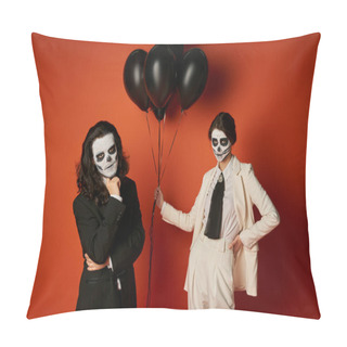 Personality  Woman In Skull Makeup And White Suit With Black Balloons Near Spooky Man On Red, Dia De Los Muertos Pillow Covers