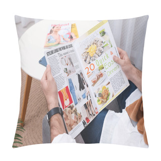 Personality  Man Reading Magazine In Armchair At Home, Closeup Pillow Covers