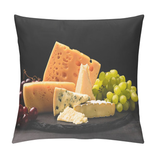 Personality  Closeup Shot Of Different Types Of Cheese On Board With Grapes On Black  Pillow Covers