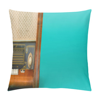 Personality  Wooden Vintage Radio Receiver On Turquoise Background, Banner Pillow Covers