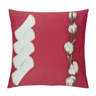 Personality  Top View Of Arranged Menstrual Pads And Cotton Twig Isolated On Red Pillow Covers