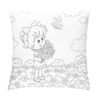 Personality  Cute Little Girl With A Bouquet Of Wildflowers Looking At A Flittering Butterfly On A Sunny Summer Day, Black And White Vector Illustration In A Cartoon Style For A Coloring Book Pillow Covers