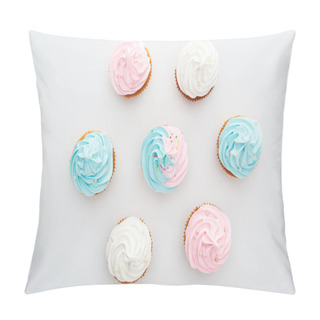 Personality  Top View Of Delicious White, Pink And Blue Cupcakes With Sprinkles Isolated On White Pillow Covers