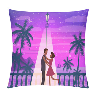Personality  Sunset Ocean, Sea, Palm Trees, Mountains, Embankment, The Setting Sun, Seascape. Meeting A Couple In Love, Romance, Love. Mood Of Color. Vector, Isolated, Cartoon Style Pillow Covers
