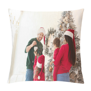 Personality  Happy Family Decorating Christmas Tree At Home Pillow Covers