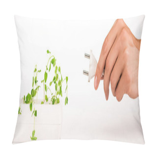 Personality  Cropped View Of Man Holding Power Plug Near Green Plant Growing In Socket In Power Extender On White Background, Panoramic Shot Pillow Covers
