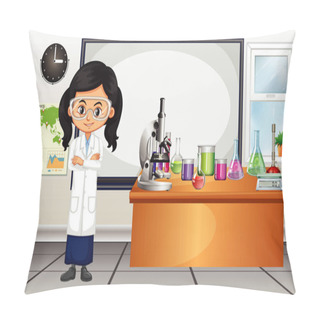 Personality  Female Scientist Standing In The Lab Illustration Pillow Covers