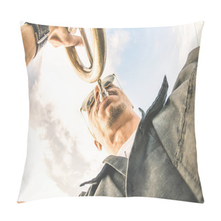 Personality  Artist Performing Trumpet Solo Jazz Against Sky - Music And Street Art Concept At Open Air Club Location With Groove Mood Atmosphere - Warm Afternoon Color Tones With Lower Point Of View Composition Pillow Covers
