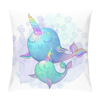 Personality  Cute Fairy Whale Unicorns. The Mother And Baby. Watercolor. Vector Pillow Covers