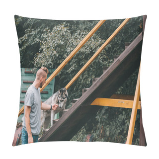 Personality  Cynologist Training With Siberian Husky Dog On Stairs Obstacle In Agility Trial Pillow Covers