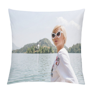 Personality  Beautiful Young Woman In Sunglasses Standing Near Scenic Lake In Mountains, Bled, Slovenia Pillow Covers