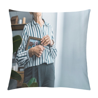 Personality  Partial View Of Senior Woman Holding Frame With Man On Photograph At Home With Copy Space Pillow Covers