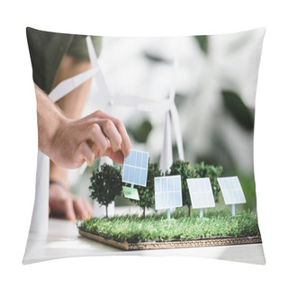 Personality  Cropped View Of Man Putting Solar Panels Models On Grass On Table In Office Pillow Covers