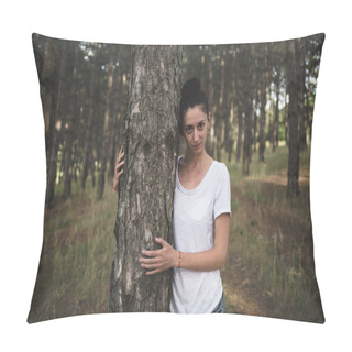 Personality  Beautiful Young Brunette In A Pine Forest. Pillow Covers