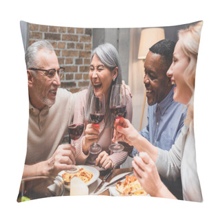 Personality  Smiling Multicultural Friends Talking And Clinking With Wine Glasses During Dinner  Pillow Covers