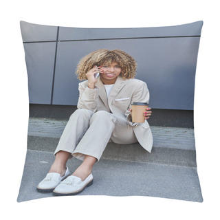 Personality  African American Woman In Suit Sitting On Parapet With Coffee To Go And Talking On Her Smartphone Pillow Covers