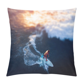 Personality  Aerial View Of The Young Man Surfs The Wave At Sunset. Tilt Shift Effect Applied Pillow Covers