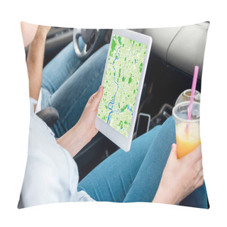 Personality  Cropped Shot Of Woman With Plastic Cup Of Orange Juice Using Tablet With Map On Screen In Car Pillow Covers