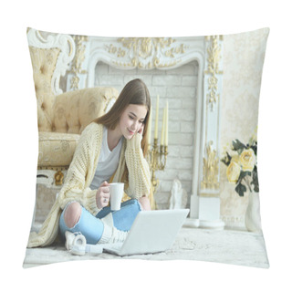 Personality  Portrait Of Beautiful Teen Girl Sitting On Floor Near Vintage Armchair With Laptop And Cup Of Tea Pillow Covers