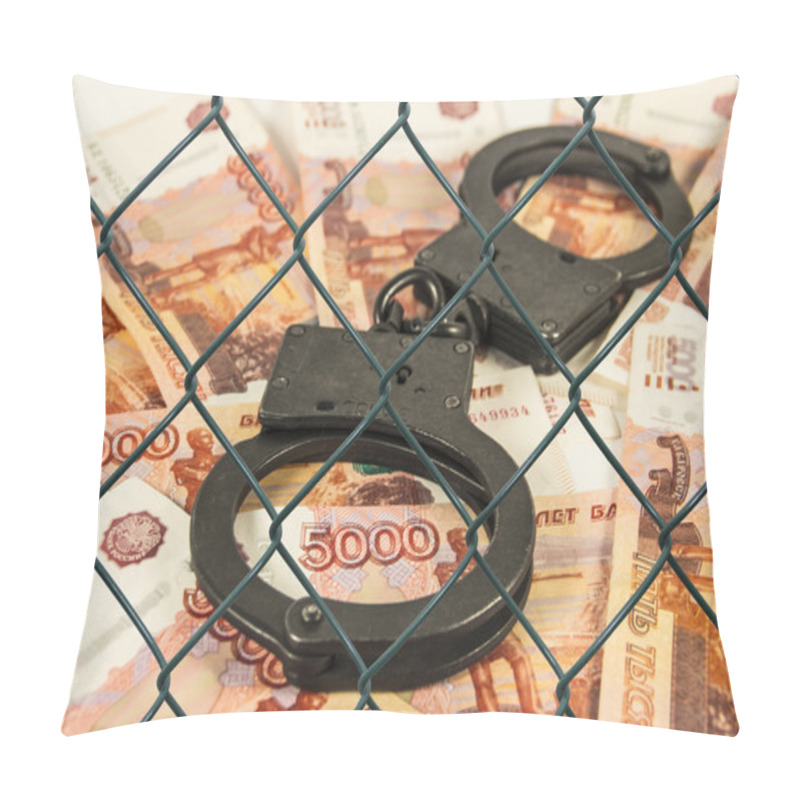 Personality  Metal Handcuffs On The Background Of Russian Rubles Under Wire Netting (lattice) Pillow Covers