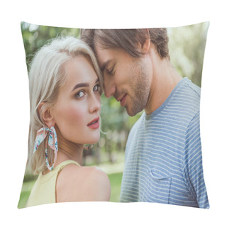 Personality  Affectionate Couple Touching With Heads In Park Pillow Covers
