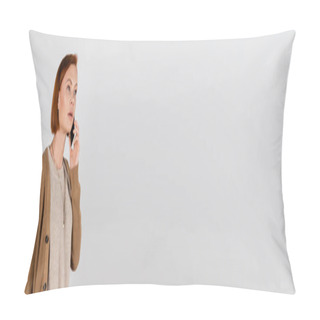 Personality  Red Haired Woman Talking On Mobile Phone Isolated On Grey, Banner  Pillow Covers