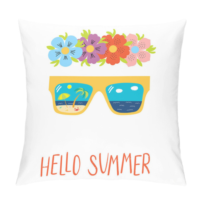 Personality  Hand Drawn  Flower Chain And Sunglasses With Beach Scene Reflected Inside Lenses And Text Hello Summer, Vector, Illustration Pillow Covers