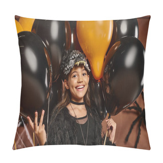 Personality  Portrait Of Cute Preteen Girl Surrounded With Black And Orange Balloons, Halloween Concept Pillow Covers
