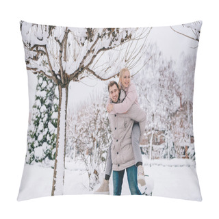 Personality  Playful Couple Spending Time In Snowy Park  Pillow Covers