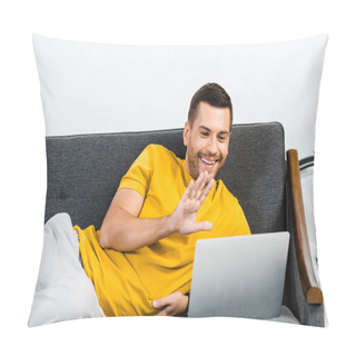 Personality  Handsome Man Lying On Sofa And Waving To Say Hello While Having Video Call Pillow Covers