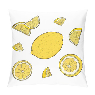 Personality  Vector Hand Drawn Lime Or Lemon Set. Whole Lemon, Sliced Pieces, Half, Leafe And Seed Sketch. Fruit Engraved Style Illustration. Detailed Citrus Drawing. Great For Water, Juice, Detox Drink Pillow Covers