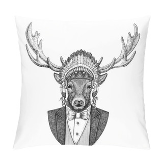 Personality  Deer Wild Animal Wearing Inidan Hat, Head Dress With Feathers Hand Drawn Image For Tattoo, T-shirt, Emblem, Badge, Logo, Patch Pillow Covers