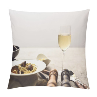 Personality  Delicious Pasta With Seafood Served With White Wine Isolated On Grey Pillow Covers