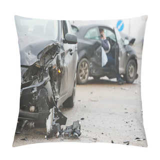 Personality  Car Crash Accident On Street, Damaged Automobiles After Collision In City Pillow Covers