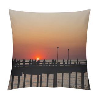 Personality  Dark Outlines Of People Walking On The Sea Pier During The Setting Sun. The Sky Lit Orange With The Last Rays Of The Sun. Pillow Covers